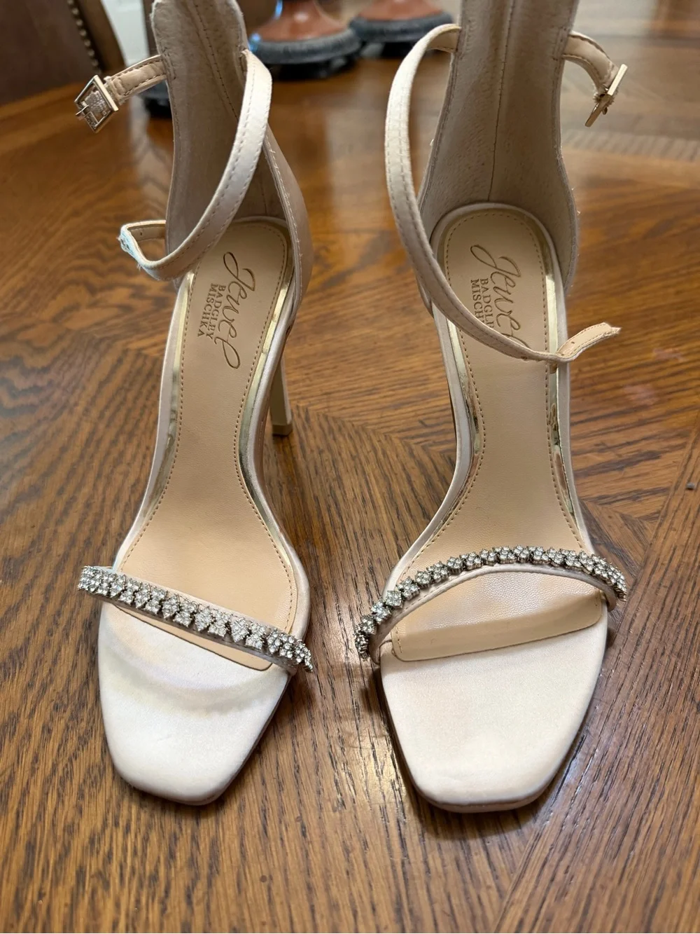 Jewel Badgley Mischka Blush Cream Satin Crystal-Strap Ankle-Heels